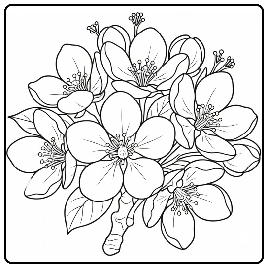 Detailed apple blossom coloring page with open flowers, buds, and leaves