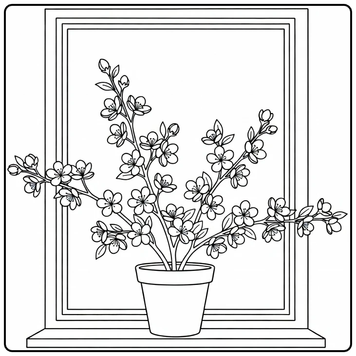 Windowsill coloring page featuring apple blossom branches in a pot
