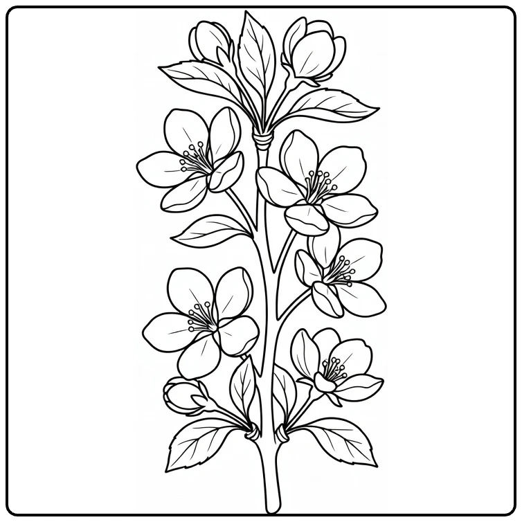 Botanical apple blossom coloring page with a detailed flowering branch