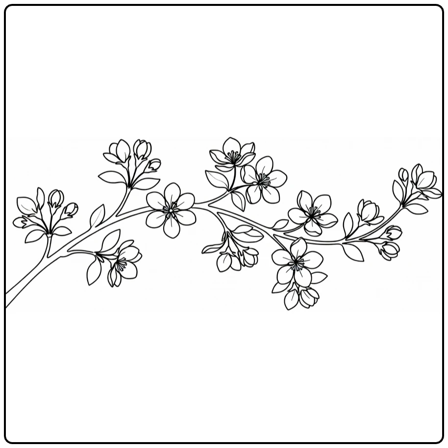 Apple blossom coloring page featuring flowers, buds, and leaves on a branch