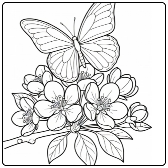 Apple blossom coloring page with a butterfly resting on the blooms