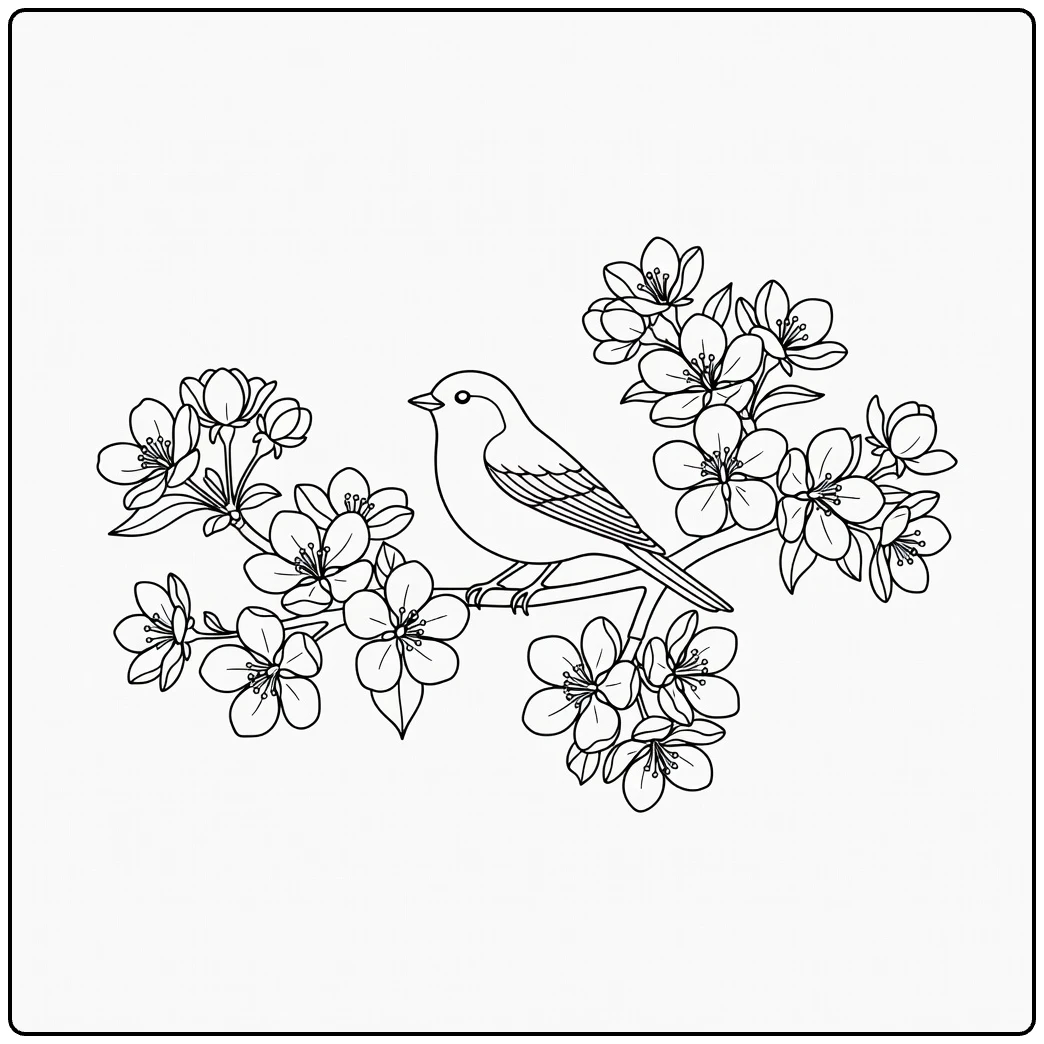 Apple blossom coloring page featuring a bird perched on a flowering branch