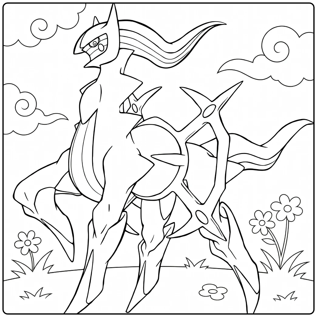 arceus coloring page majestic Pokemon in bloemenveld