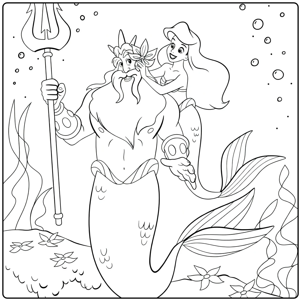 Ariel Bearded Merman with Trident and Mermaid coloring page