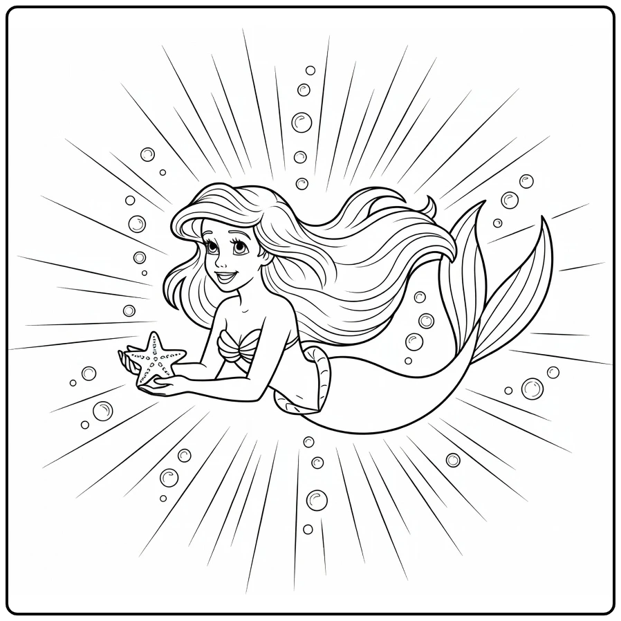 Ariel Floating with Small Starfish Near Sea coloring page