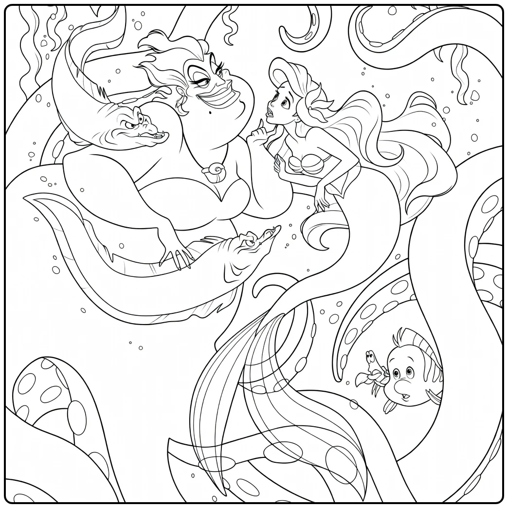 Ariel Mean Sea Witch and Frightened Mermaid coloring page