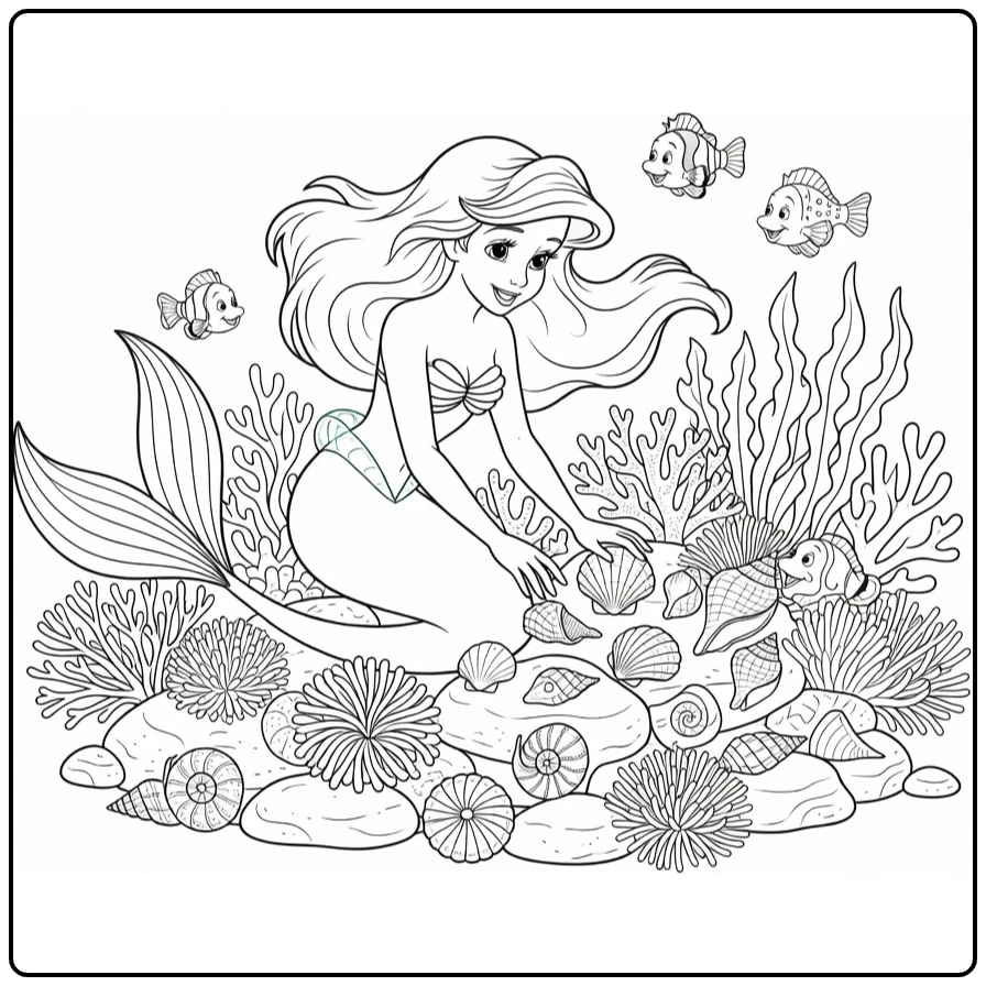 Ariel Coral Garden Shells Stone Sea Plants coloring page