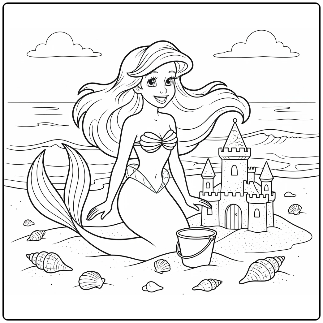 Ariel Smiling Sand Castle with Bucket Shells coloring page