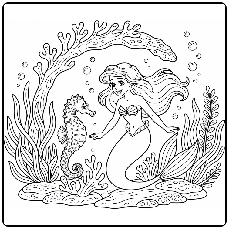 Ariel Seahorse and Coral Arch in Sea coloring page
