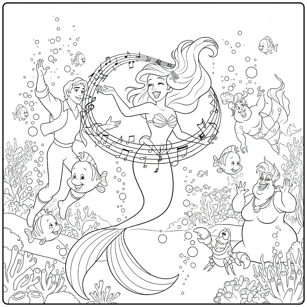 Ariel Underwater Dance Party with Music Notes coloring page