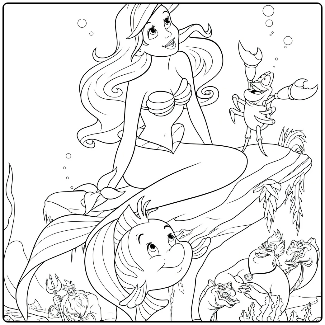 Ariel Playful Mermaid with Friends Underwater coloring page
