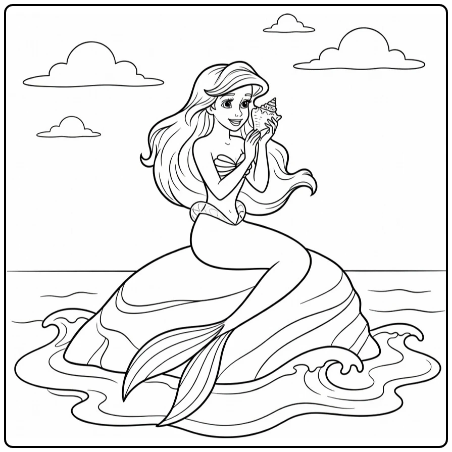 Graceful Ariel on Sea Rock with Shell coloring page
