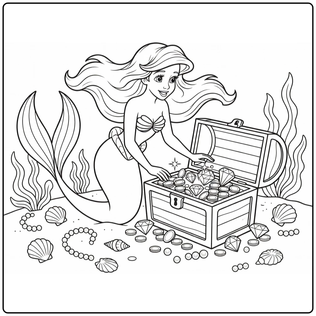 Ariel Treasure Chest Discovery Under Water coloring page