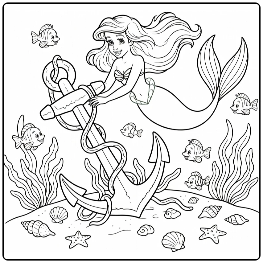Ariel coloring page exploring a sunken anchor with seaweed and fish