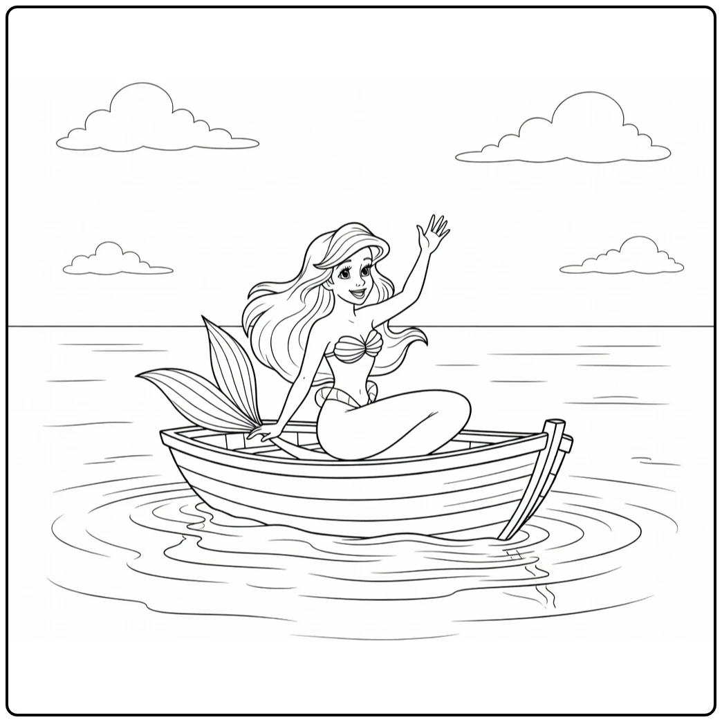 Ariel Waving from Small Boat on Sea coloring page