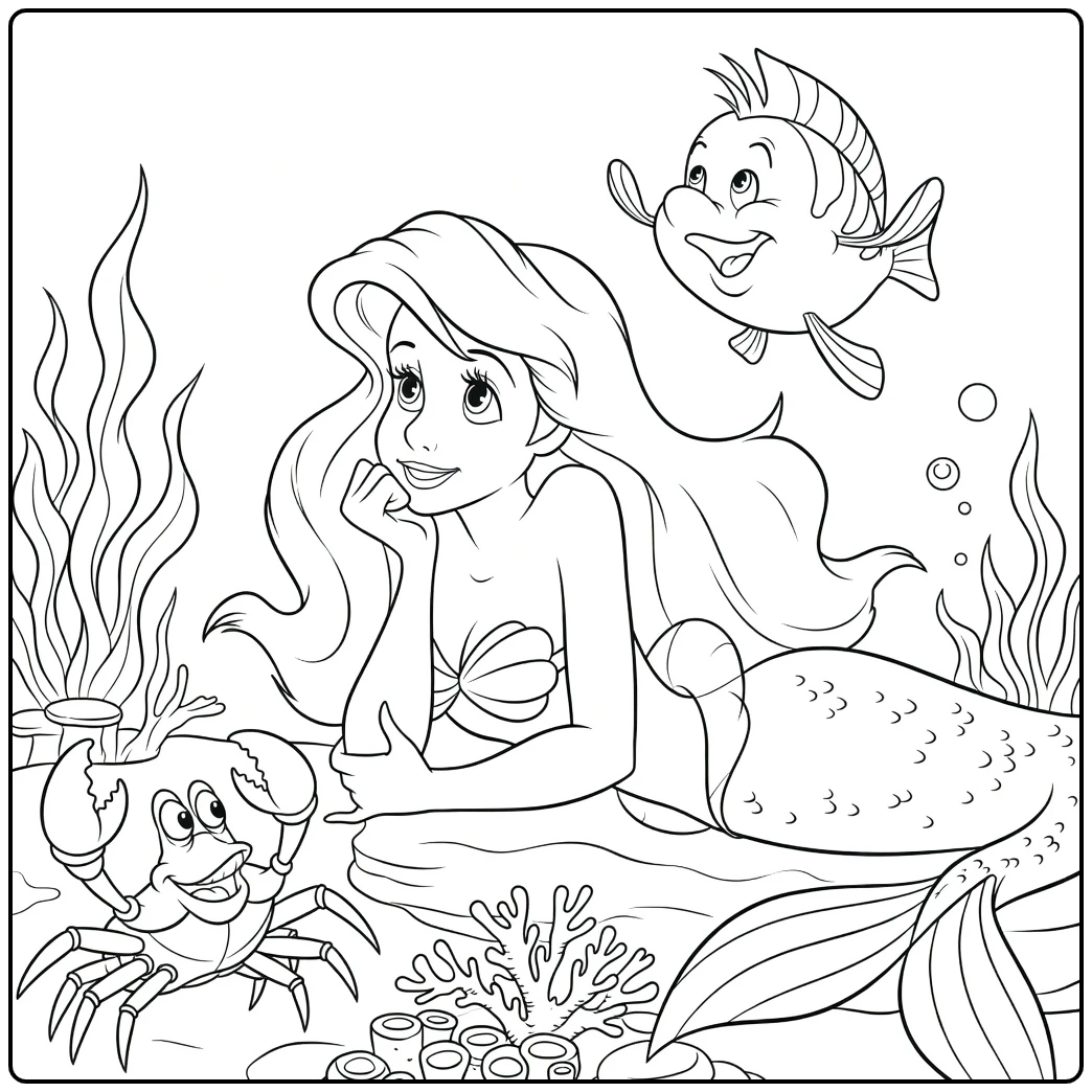 Ariel Mermaid Lying on Side with Friends coloring page