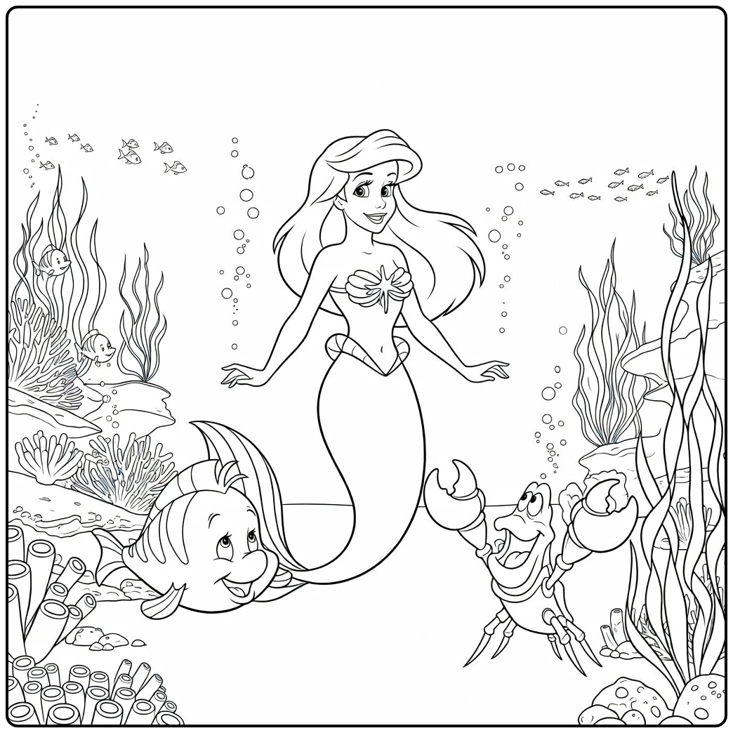 Ariel Mermaid Welcoming Fish and Crab coloring page