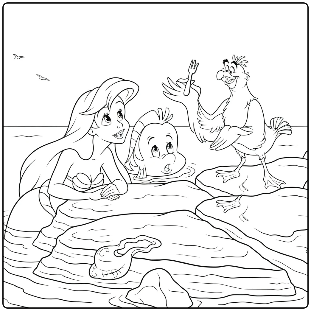 Ariel Mermaid Fish and Seagull at Sea coloring page