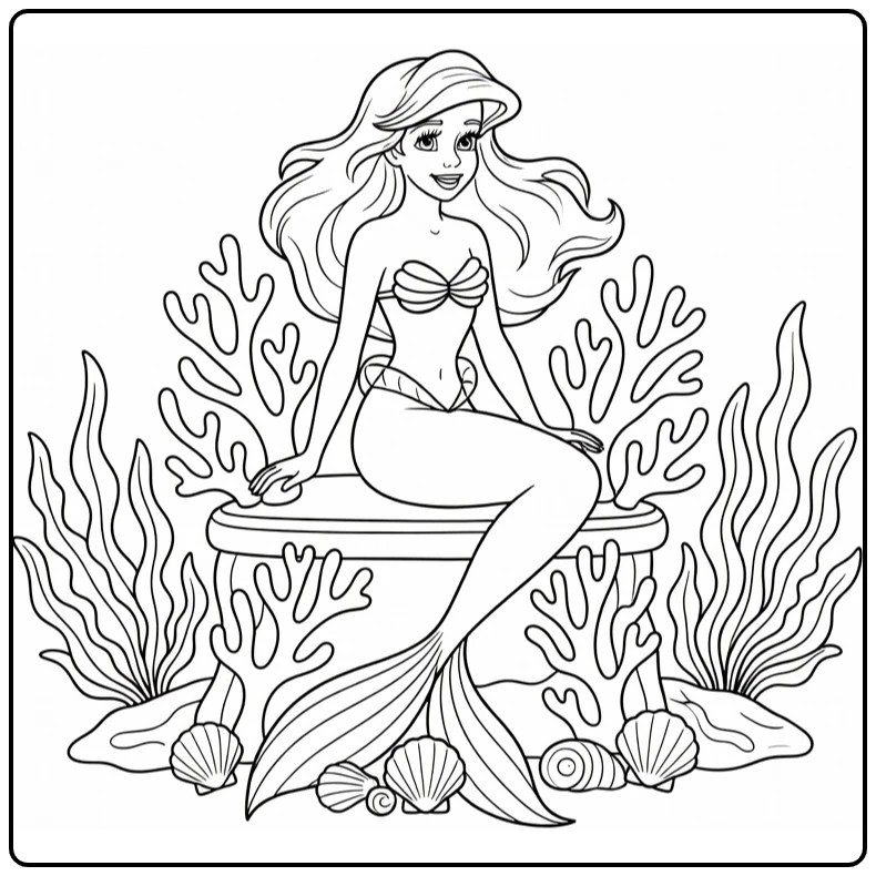 Ariel Sitting on Underwater Coral Throne coloring page