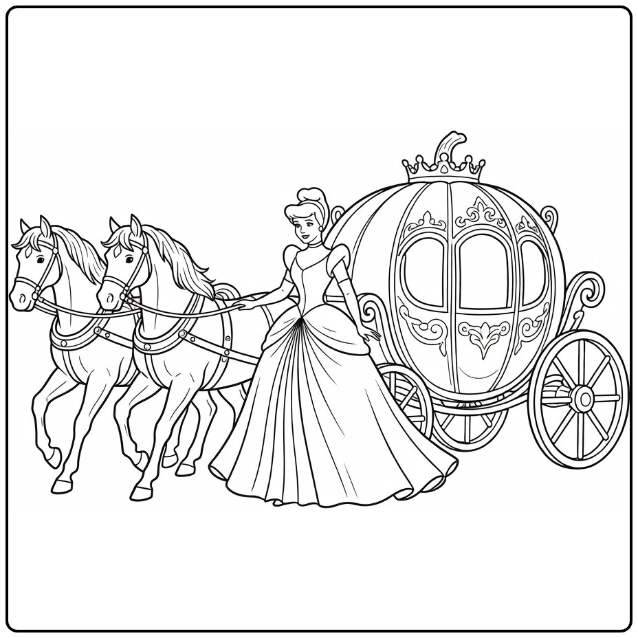 assepoester coloring page with pompoenkoets and paarden