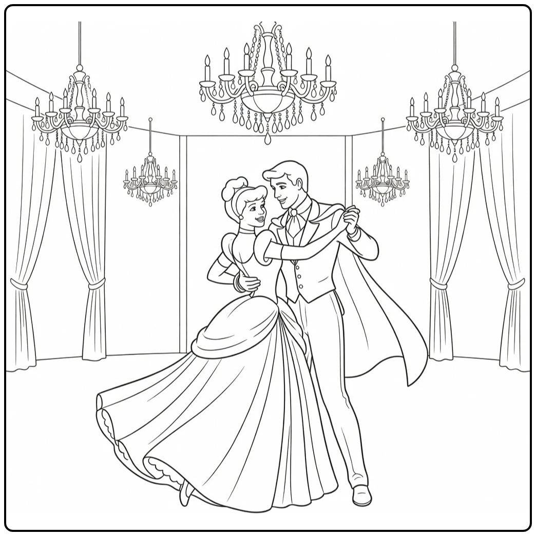 assepoester coloring page dansend with prins in balzaal