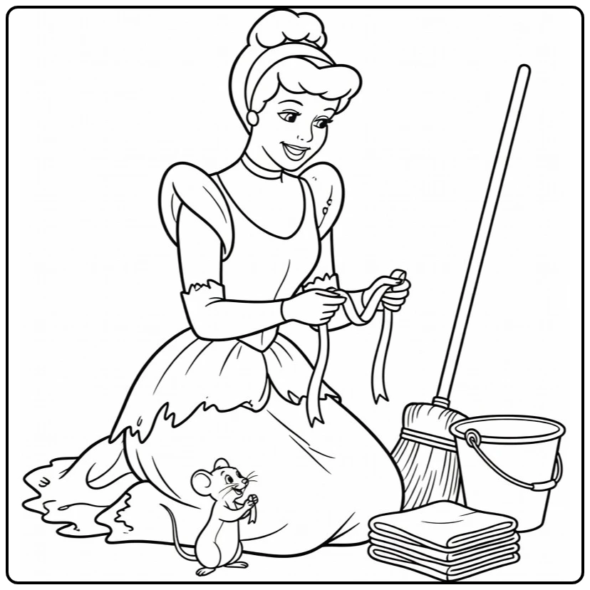 assepoester coloring page with smiling princess and muisje with lint