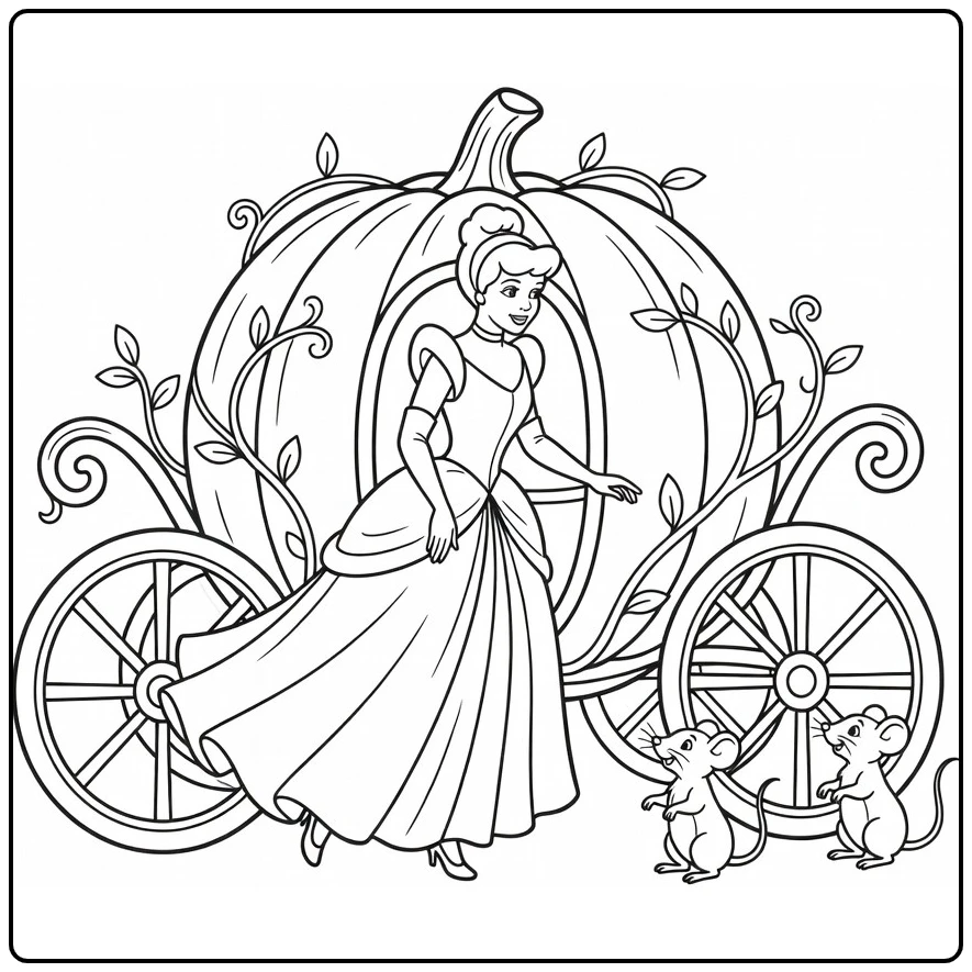 assepoester coloring page with magische pompoenkoets
