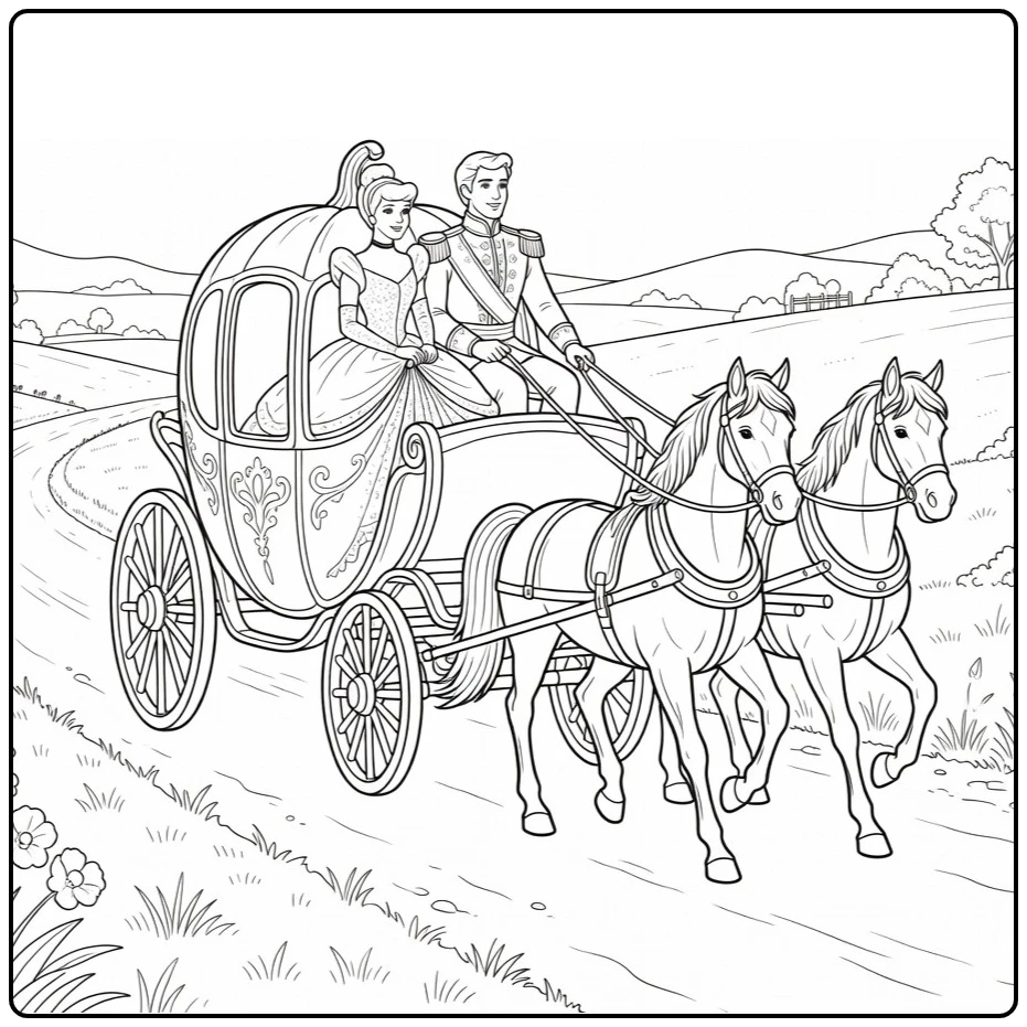 assepoester coloring page with prins in pompoenkarriage