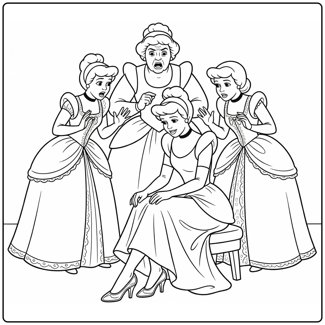 assepoester coloring page with verbaasde stiefzussen