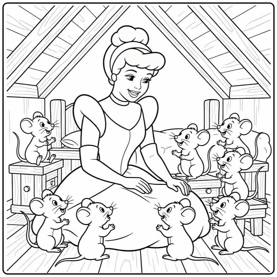 assepoester coloring page with vriendelijke muizen