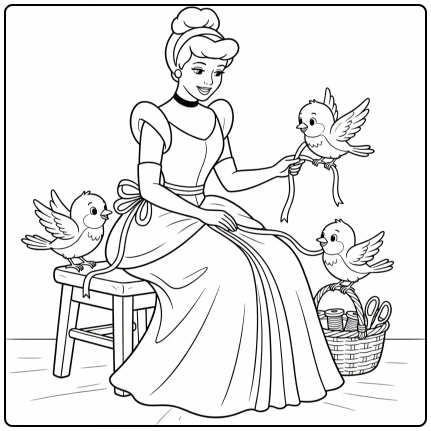 assepoester coloring page on houten krukje with vogels