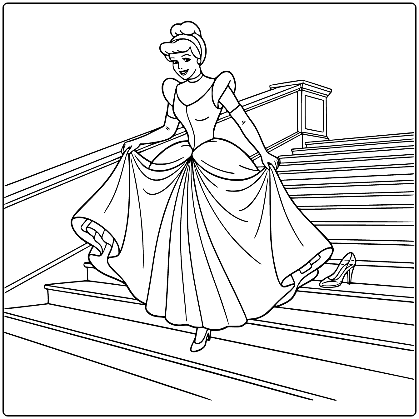 Cinderella coloring page running down the stairs at midnight