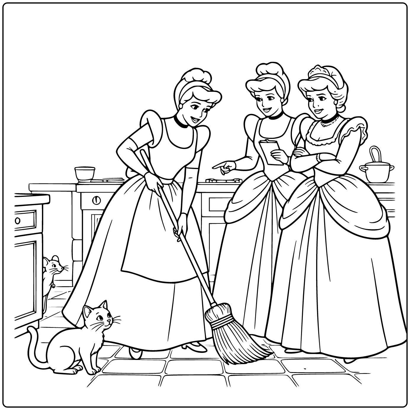 assepoester coloring page schoonmaak keuken scene