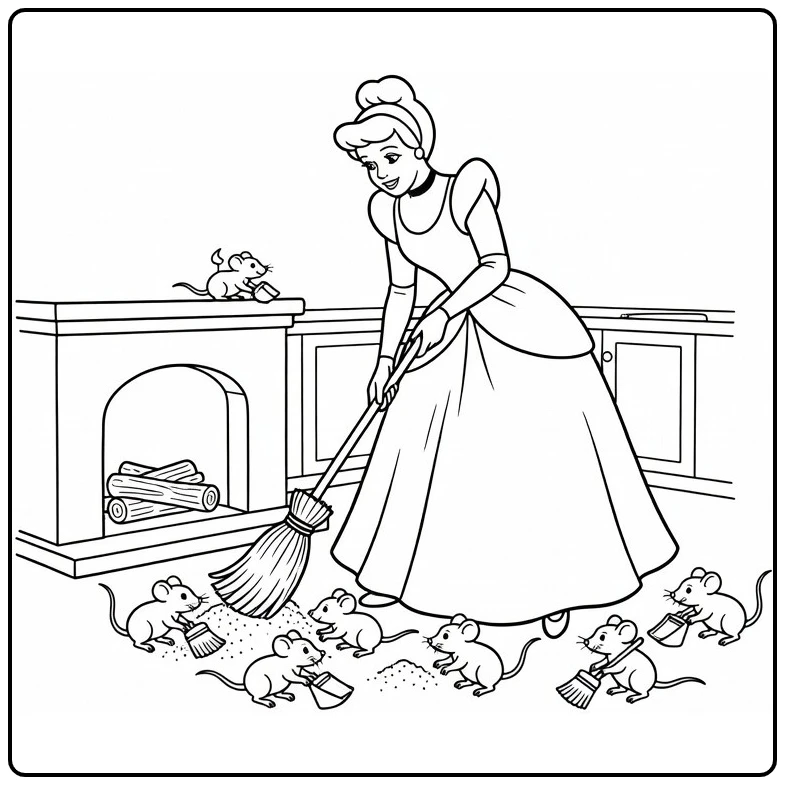 assepoester coloring page veegt vloer next to open haard