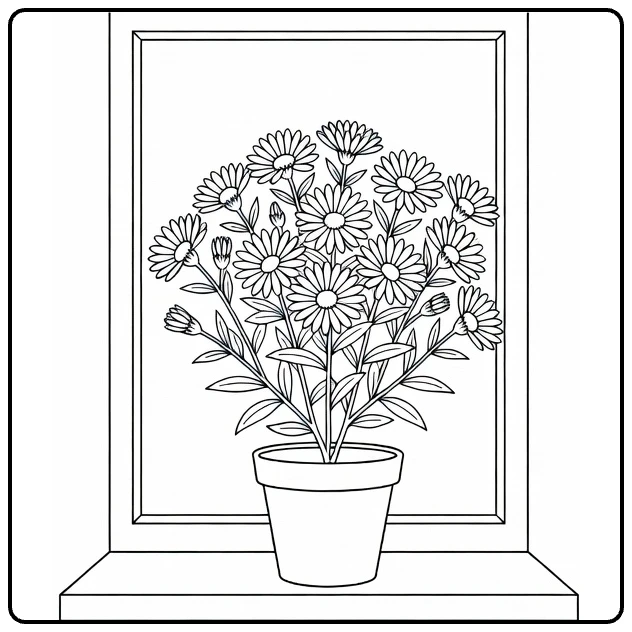 Aster coloring page showing a potted plant on a windowsill