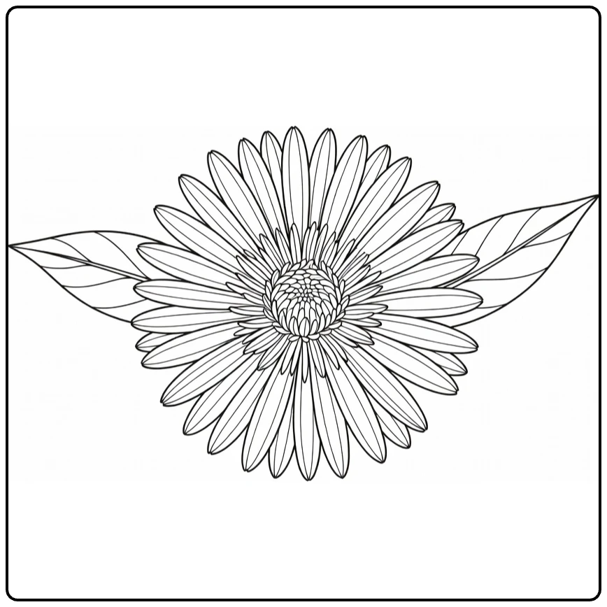Close-up aster coloring page with a large flower and leaves