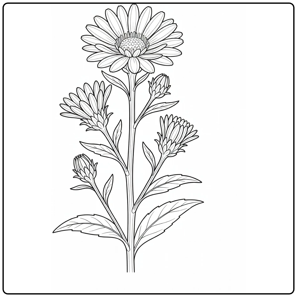 Aster coloring page showing a vertical stem with flower buds
