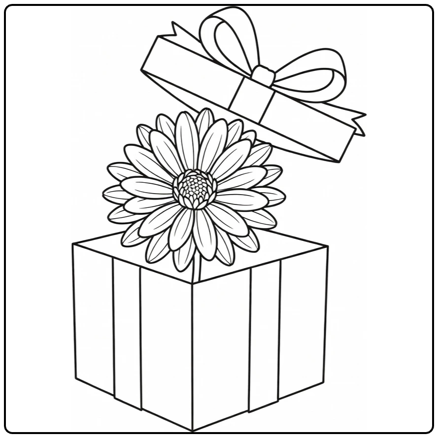Aster coloring page featuring a flower in an open gift box