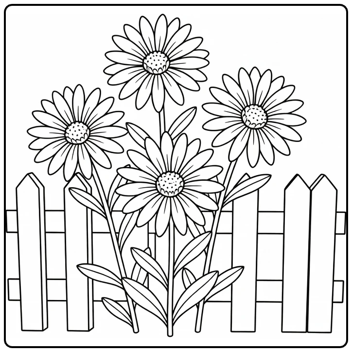 Aster coloring page featuring flowers beside a wooden fence