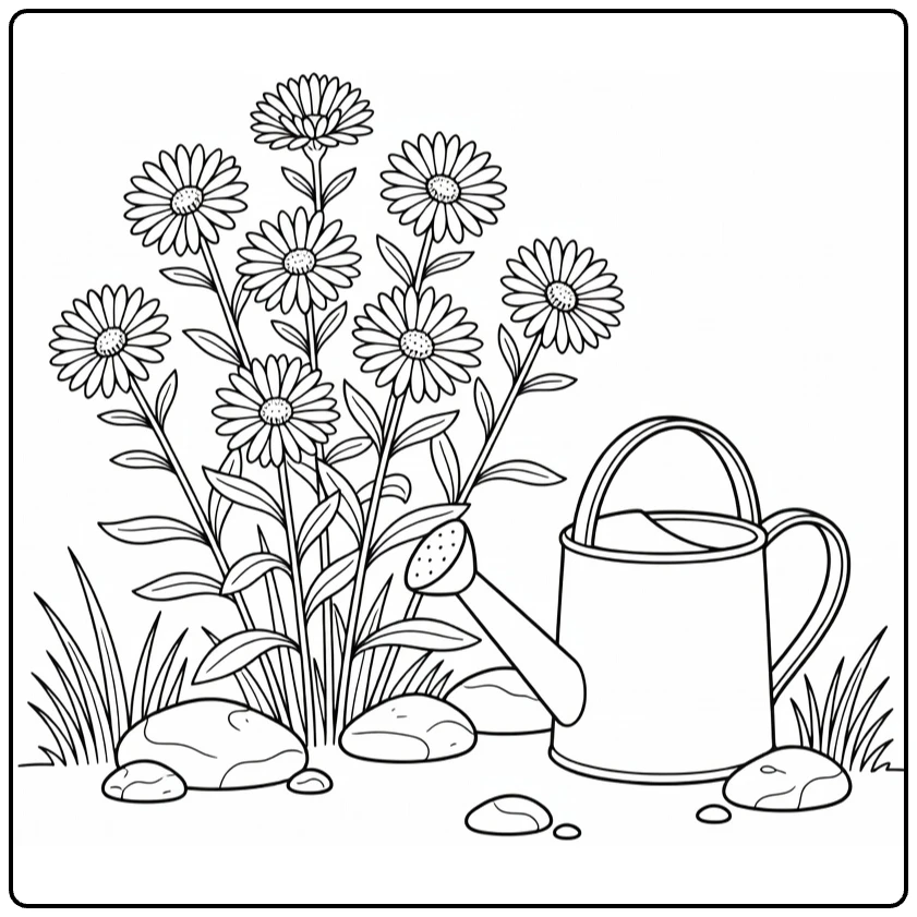 Aster coloring page featuring flowers beside a watering can