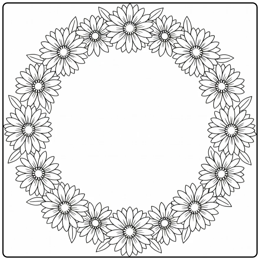 Aster coloring page featuring a round wreath of flowers and leaves