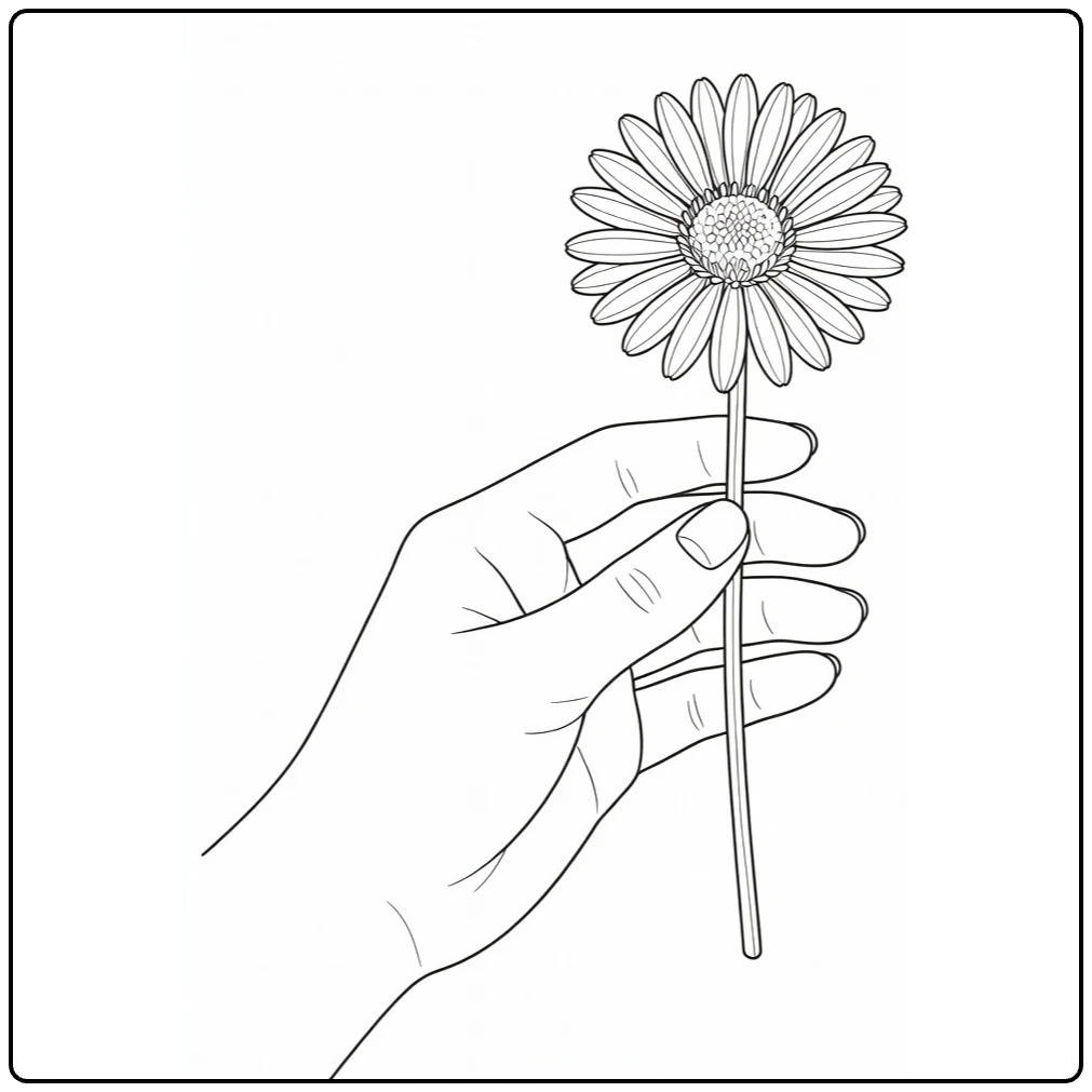 Aster coloring page showing a hand holding a flower