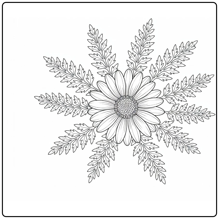 Aster coloring page featuring a large flower and fern leaves