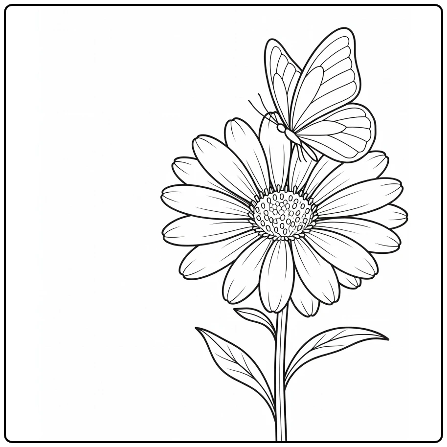 Aster coloring page showing a butterfly on a large flower