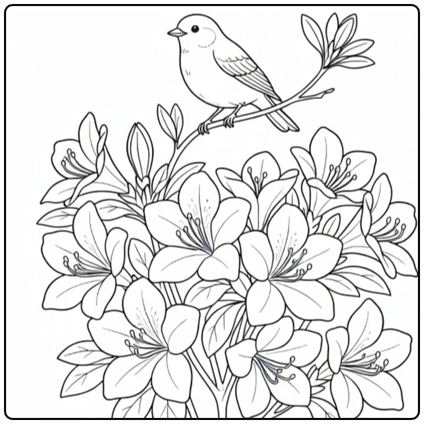 Azalea coloring page showing a bird perched over the blossoms