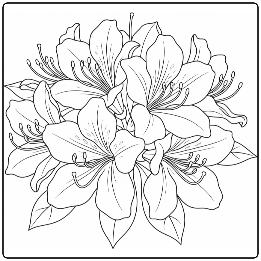Close-up azalea coloring page with flowers, stamens, and leaves