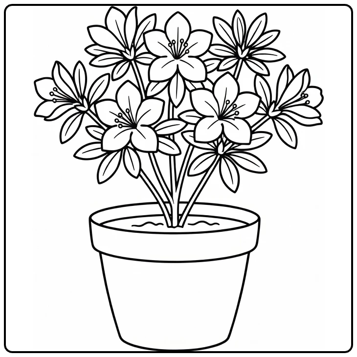 Potted azalea coloring page showing a shrub covered with flowers