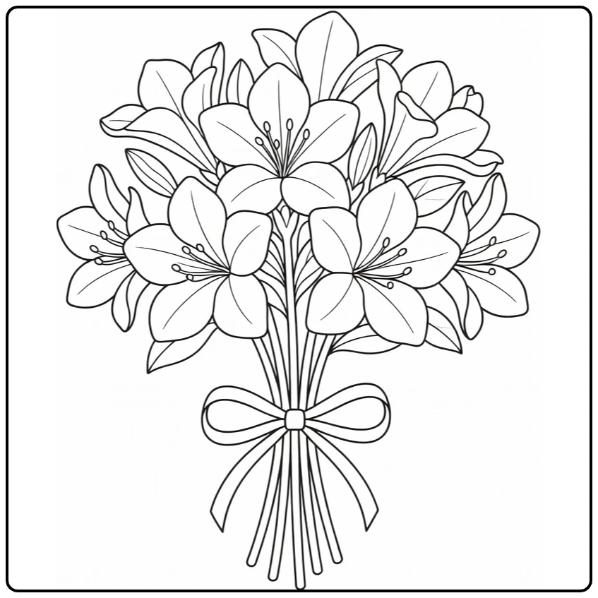 Azalea coloring page featuring a flower bouquet tied with ribbon