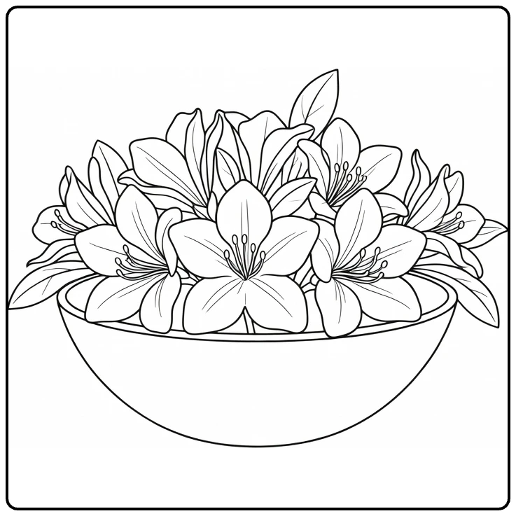 Azalea coloring page featuring a floral arrangement in a shallow bowl