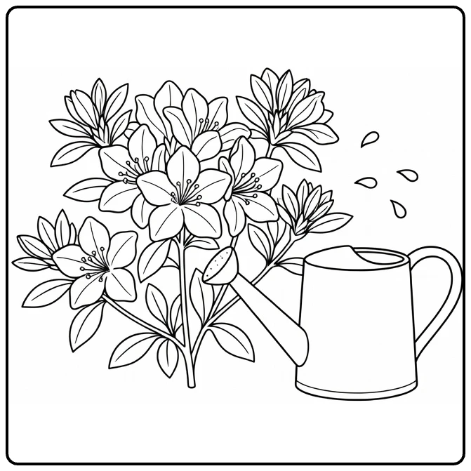Garden azalea coloring page with a watering can beside the plant